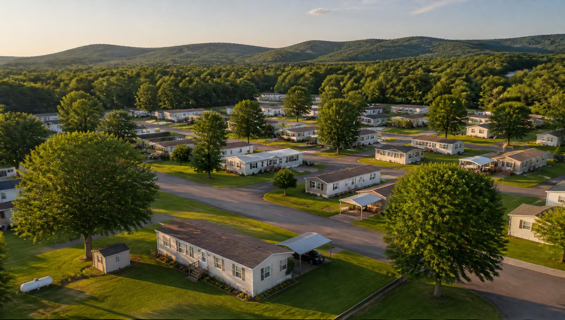 Aerial view of a well-kept Arkansas mobile home park at golden hour